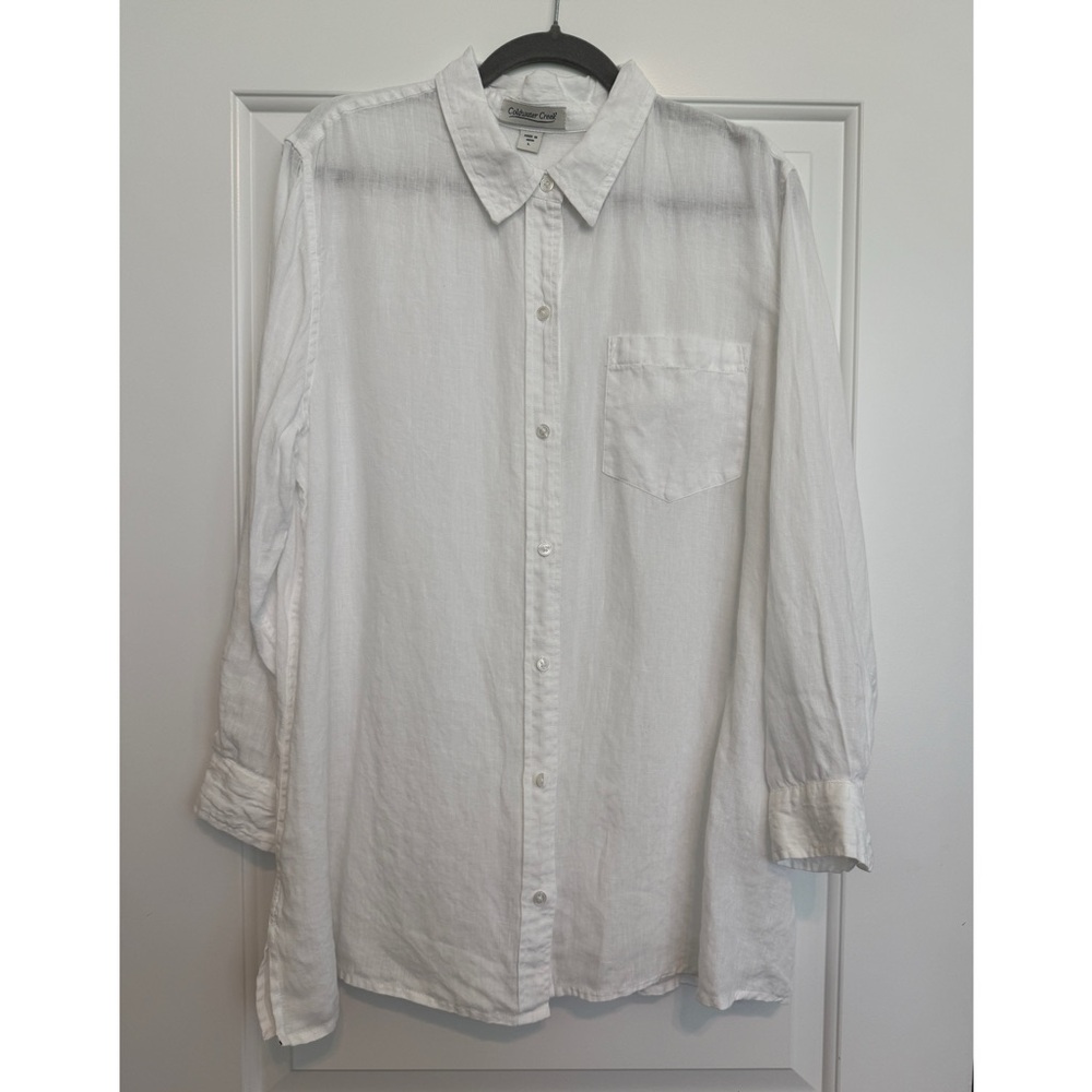 New Coldwater Creek Linen White Tunic Topper Long Sleeve Button-Up Blouse L